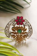 Dual Tone Premium Flower Motifs Pink & Green Stones Embedded Statement Cocktail Ring