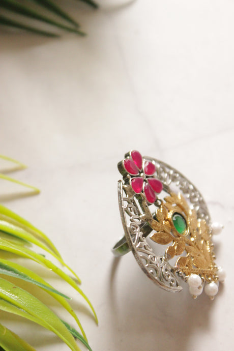 Dual Tone Premium Flower Motifs Pink & Green Stones Embedded Statement Cocktail Ring