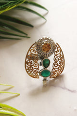 Dual Tone Premium Flower Motifs Green Stones Embedded Statement Cocktail Ring