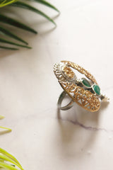 Dual Tone Premium Flower Motifs Green Stones Embedded Statement Cocktail Ring