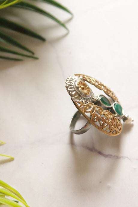 Dual Tone Premium Flower Motifs Green Stones Embedded Statement Cocktail Ring