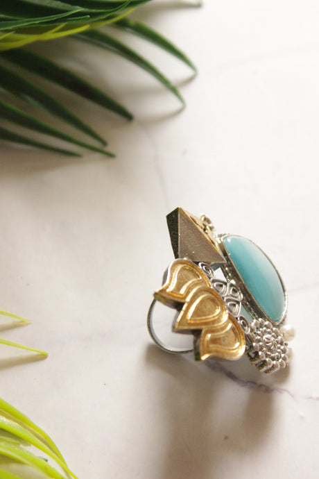 Dual Tone Premium Lotus Motif Blue Stone Embedded Statement Cocktail Ring