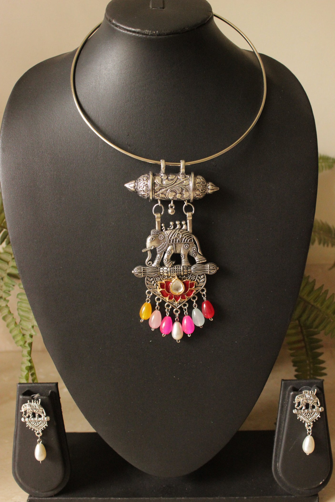Oxidised Multi-Color Elephant Hasli Necklace Set