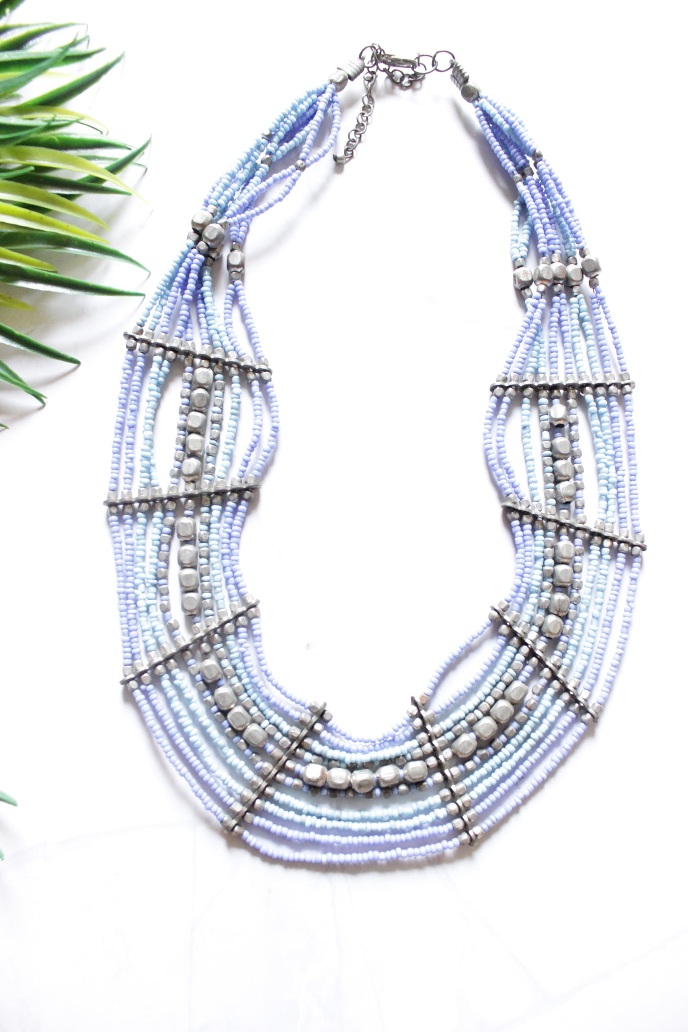 Light Blue and Violet Intertwined with Silver Beads Multi-Layer Necklace