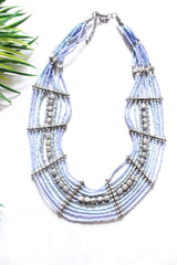 Light Blue and Violet Intertwined with Silver Beads Multi-Layer Necklace