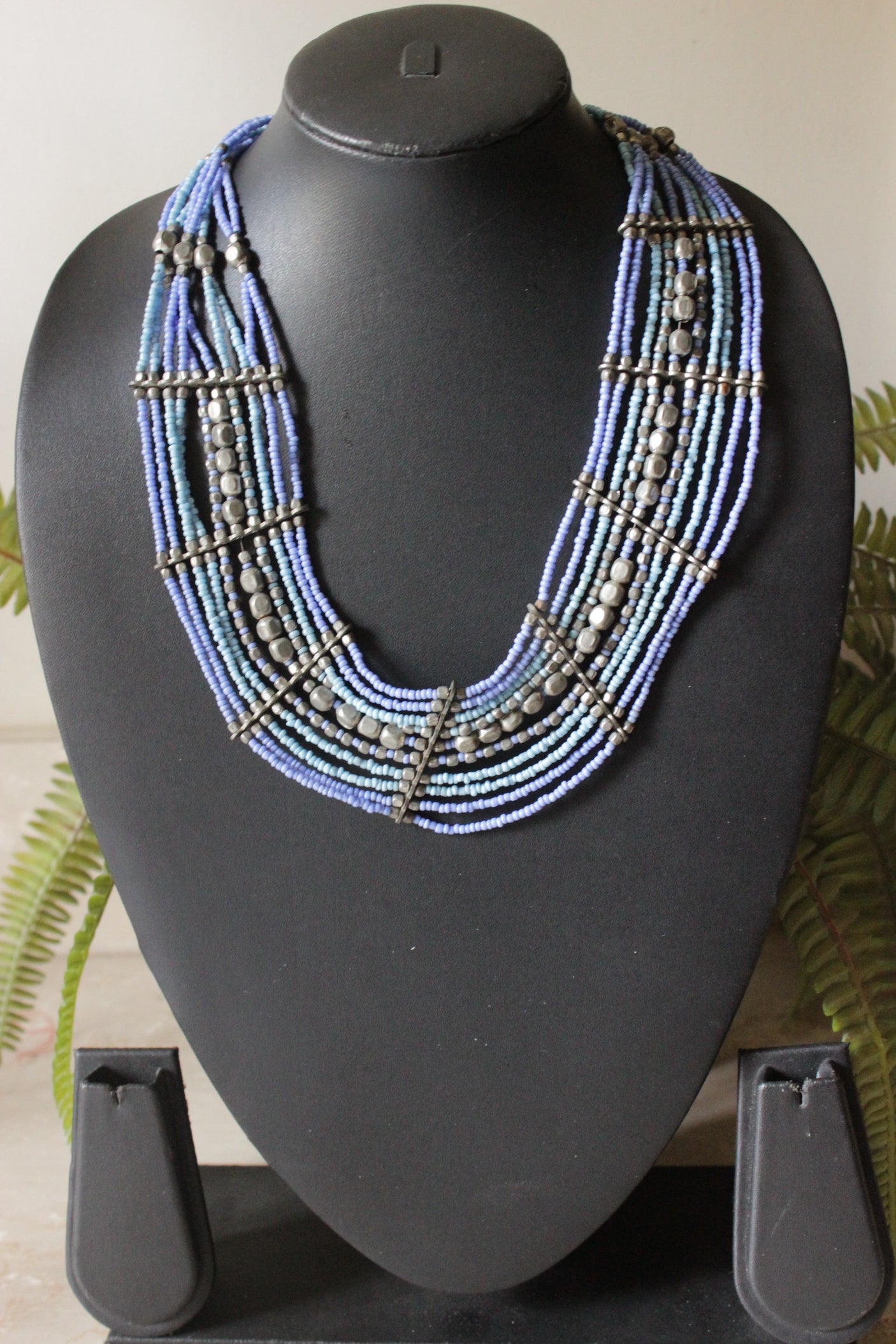 Light Blue and Violet Intertwined with Silver Beads Multi-Layer Necklace