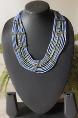 Light Blue and Violet Intertwined with Silver Beads Multi-Layer Necklace