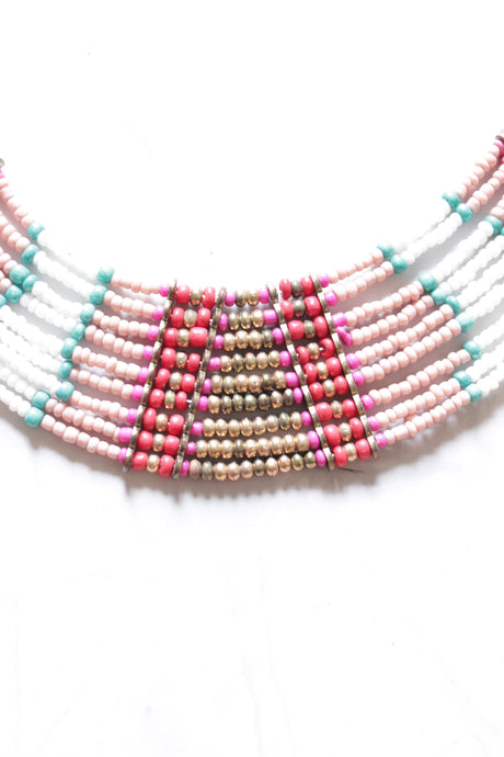 Shades of Pink and Blue Beads Intertwined with Gold Beads Multi-Layer Necklace