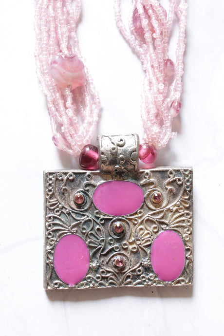 Pink Beads Multi-Layer Necklace with Statement Tibetan Metal Pendant