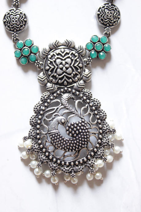 Green Stones Embedded Oxidised Finish Peacock Pendant Chain Necklace