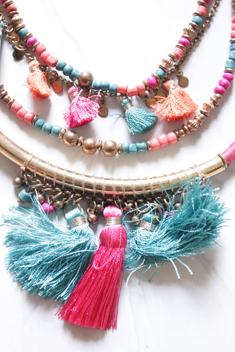 Pink and Blue Beads with Dull Gold Finish Metal Accents Boho Necklace