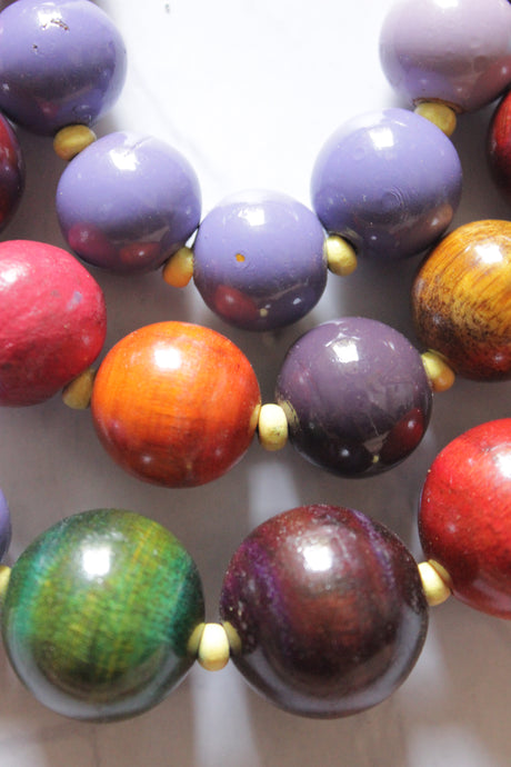 Multi-Color Vibrant Wooden Beads 3 Layer Handmade Necklace