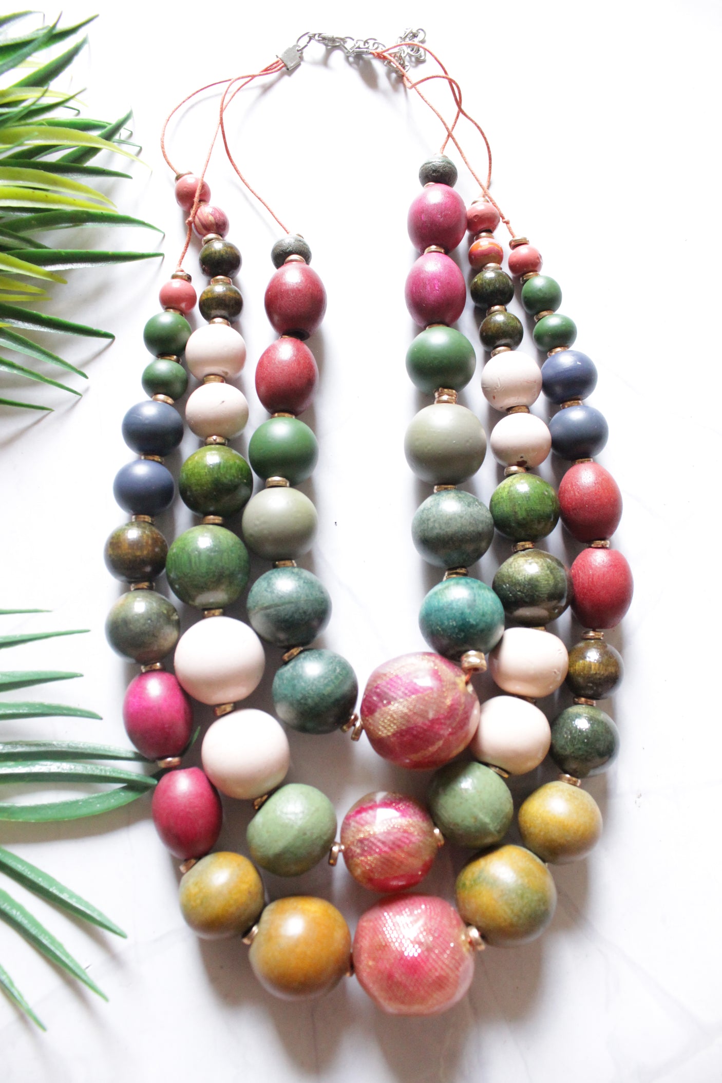 Multi-Color Wooden Beads Earthy Tones 3 Layer Handmade Necklace