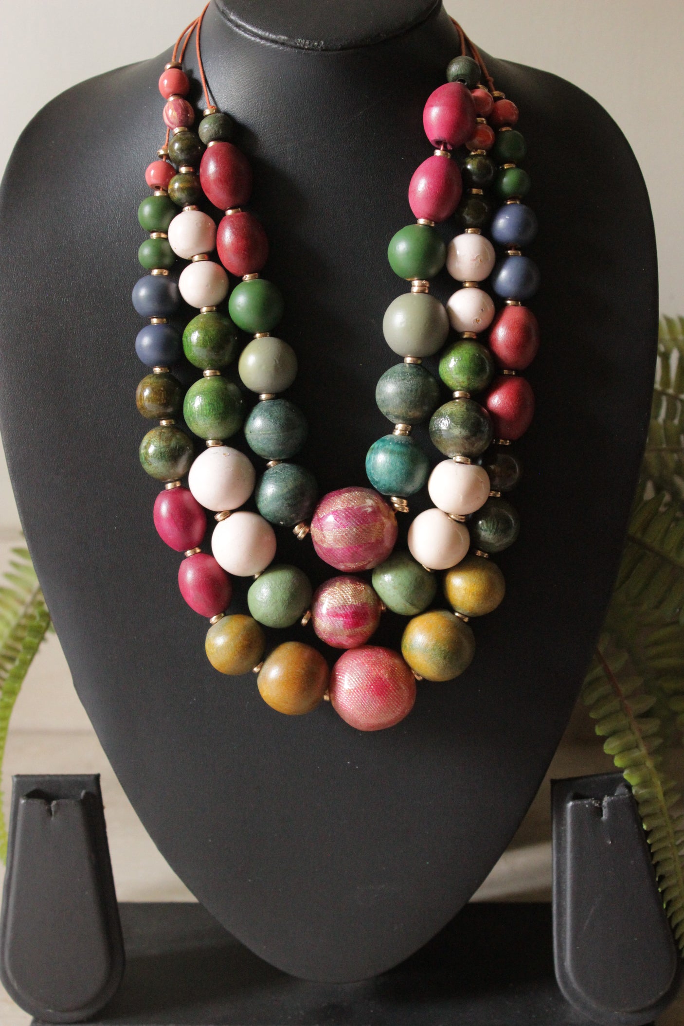 Multi-Color Wooden Beads Earthy Tones 3 Layer Handmade Necklace