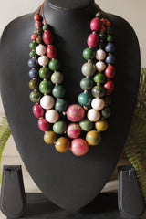 Multi-Color Wooden Beads Earthy Tones 3 Layer Handmade Necklace
