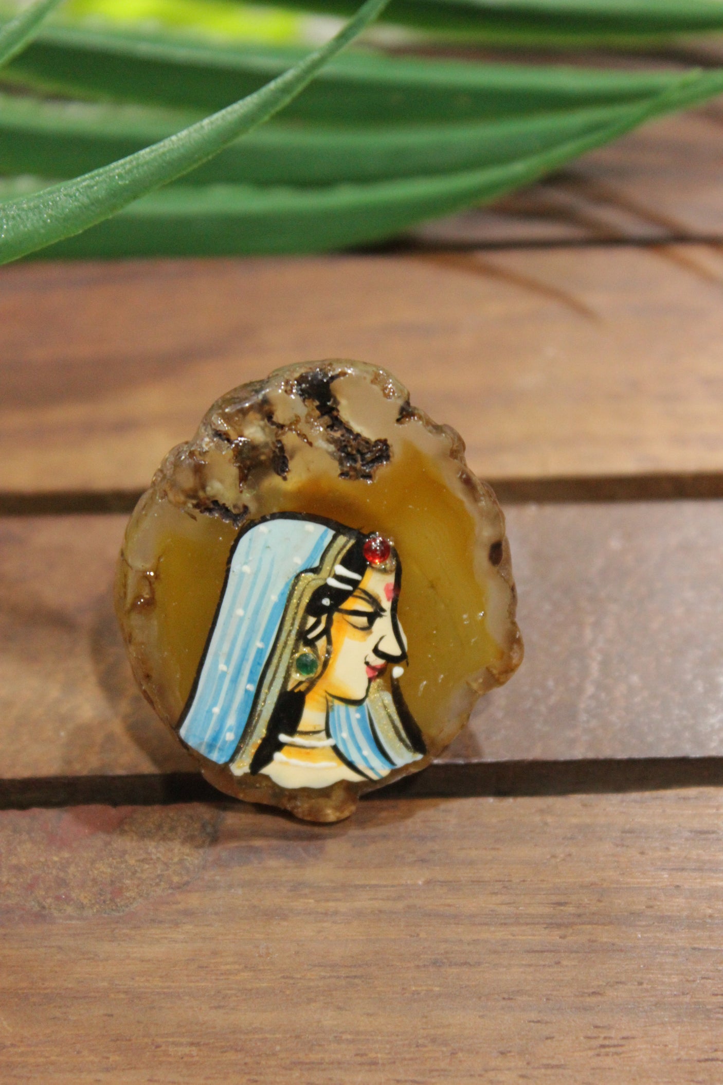 Woman in Indian Ethnic Attire Hand Painted on  Brown Rough Cut Marble Statement Adjustable Ring