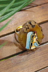 Woman in Indian Ethnic Attire Hand Painted on  Brown Rough Cut Marble Statement Adjustable Ring