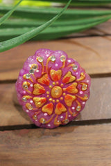 Hand Painted Flowers on Pink Marble Adjustable Cocktail Ring with Hints of Gold