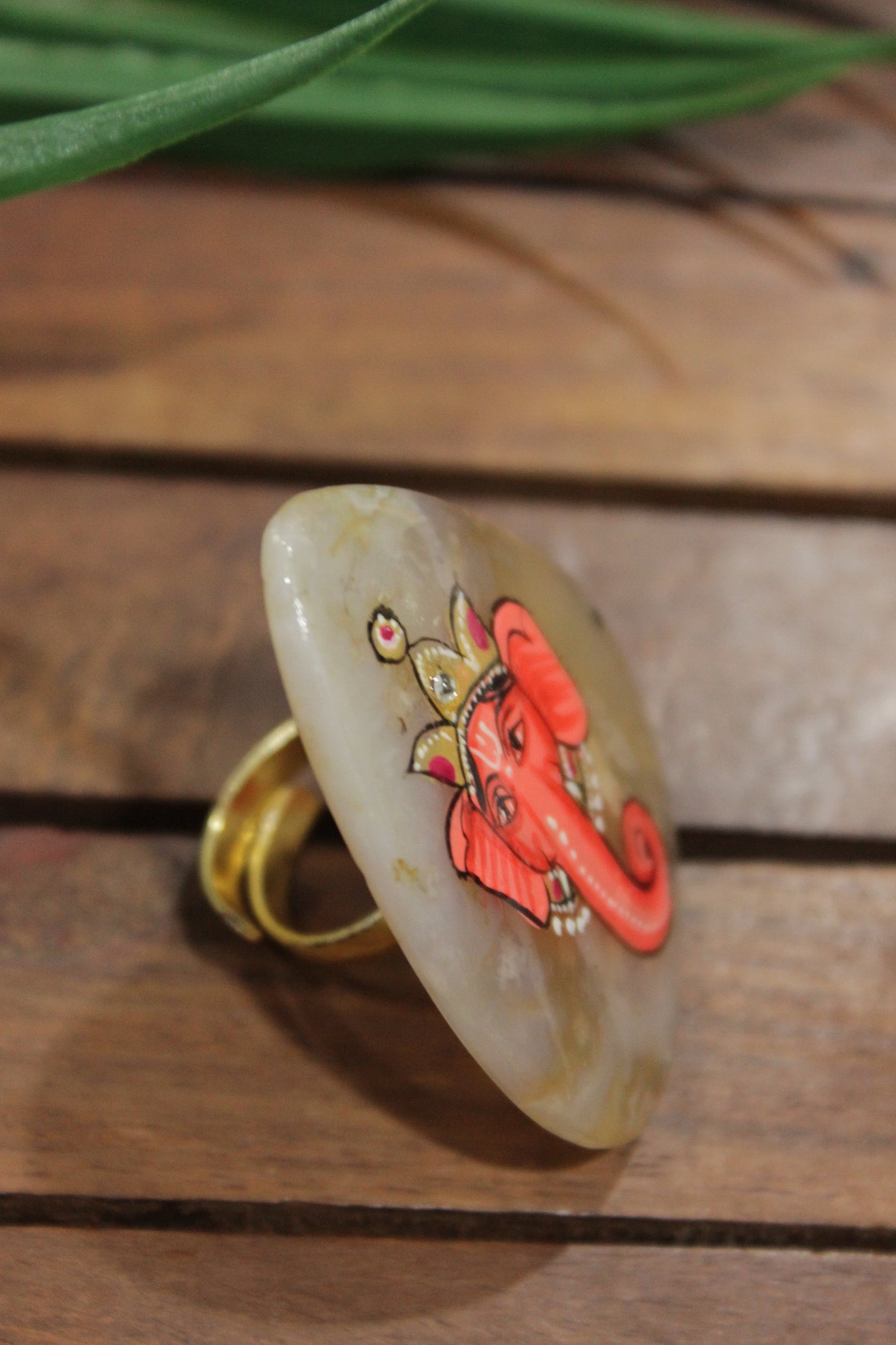 Lord Ganesha Hand Painted on Ivory Marble Statement Adjustable Ring