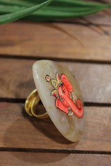 Lord Ganesha Hand Painted on Ivory Marble Statement Adjustable Ring