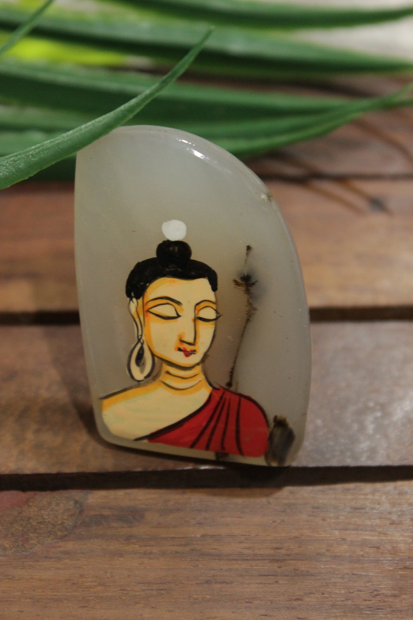 Lord Buddha Hand Painted on Ivory Marble Statement Adjustable Ring