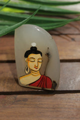 Lord Buddha Hand Painted on Ivory Marble Statement Adjustable Ring