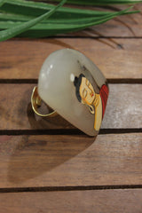 Lord Buddha Hand Painted on Ivory Marble Statement Adjustable Ring
