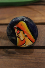 Woman in Indian Ethnic Attire Hand Painted on Circular Indigo Marble Statement Adjustable Ring