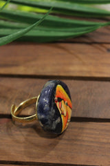 Woman in Indian Ethnic Attire Hand Painted on Circular Indigo Marble Statement Adjustable Ring