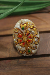 Hand Painted Flowers on Oval Shape Ivory Marble Adjustable Cocktail Ring with Hints of Gold