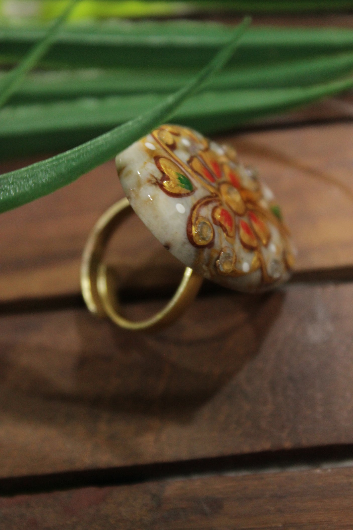 Hand Painted Flowers on Oval Shape Ivory Marble Adjustable Cocktail Ring with Hints of Gold