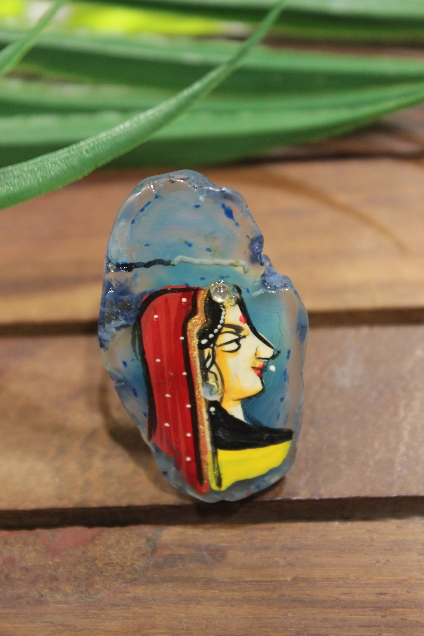 Woman in Indian Ethnic Attire Hand Painted on Blue Oval Rough Cut Brown Marble Statement Adjustable Ring