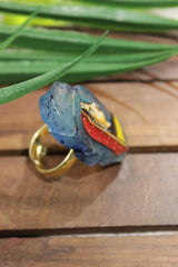 Woman in Indian Ethnic Attire Hand Painted on Blue Oval Rough Cut Brown Marble Statement Adjustable Ring