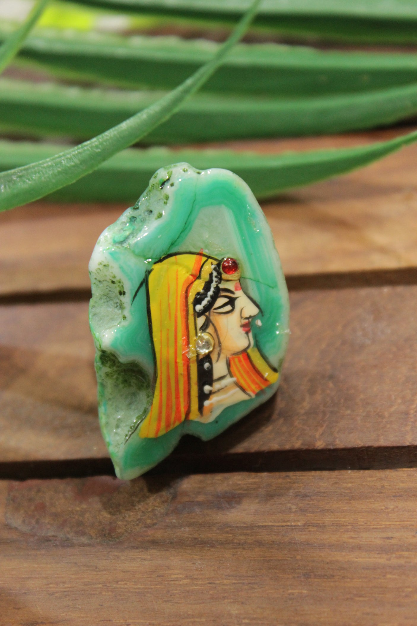 Woman in Indian Ethnic Attire Hand Painted on Sea Green Rough Cut Marble Statement Adjustable Ring