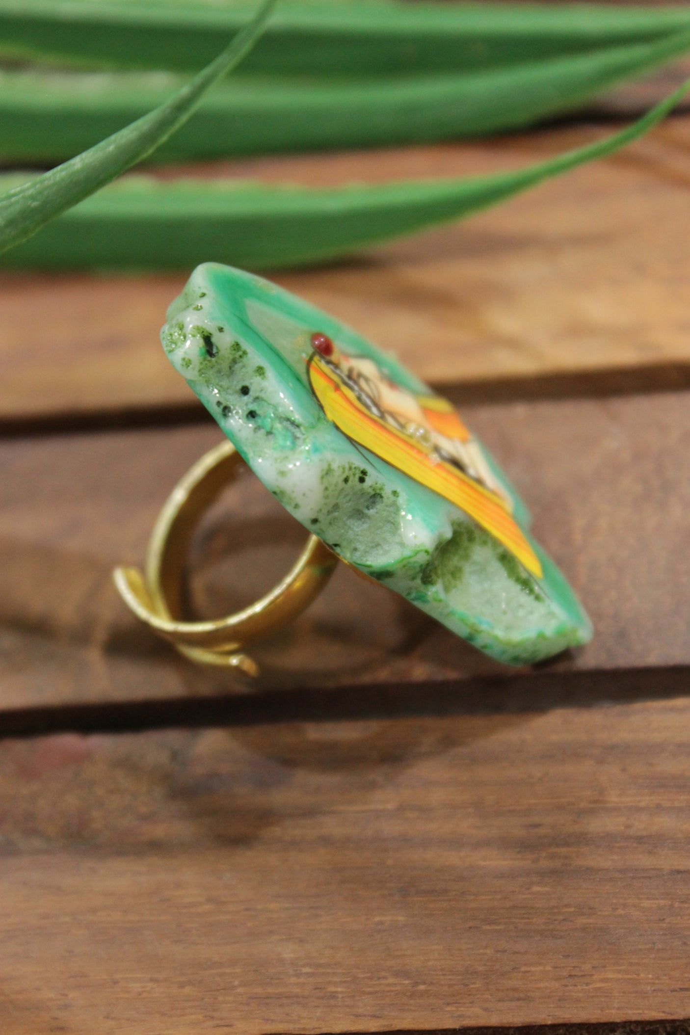 Woman in Indian Ethnic Attire Hand Painted on Sea Green Rough Cut Marble Statement Adjustable Ring