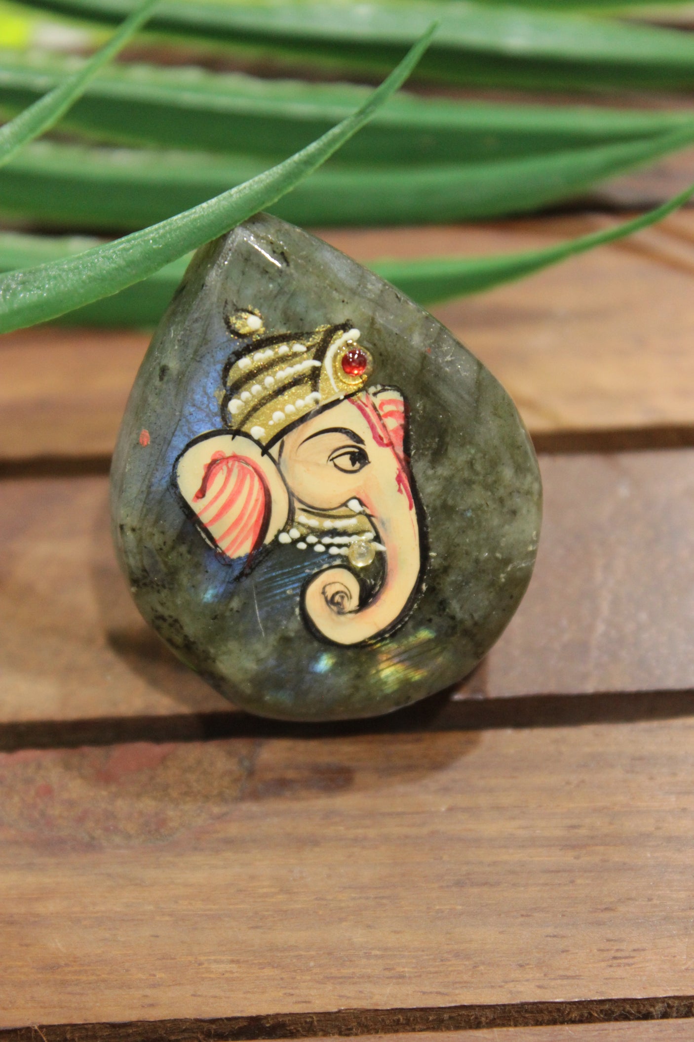 Lord Ganesha Hand Painted on Grey Rough Cut Marble Statement Adjustable Ring