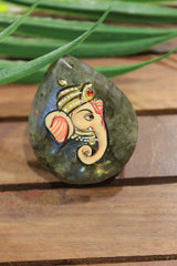 Lord Ganesha Hand Painted on Grey Rough Cut Marble Statement Adjustable Ring