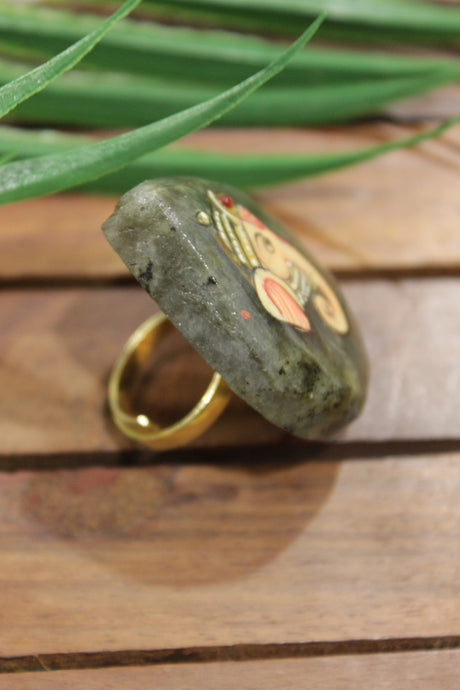 Lord Ganesha Hand Painted on Grey Rough Cut Marble Statement Adjustable Ring