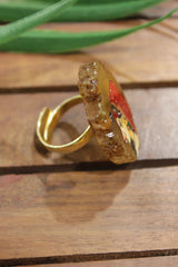 Woman in Indian Ethnic Attire Hand Painted on Brown Circular Rough Cut Marble Statement Adjustable Ring