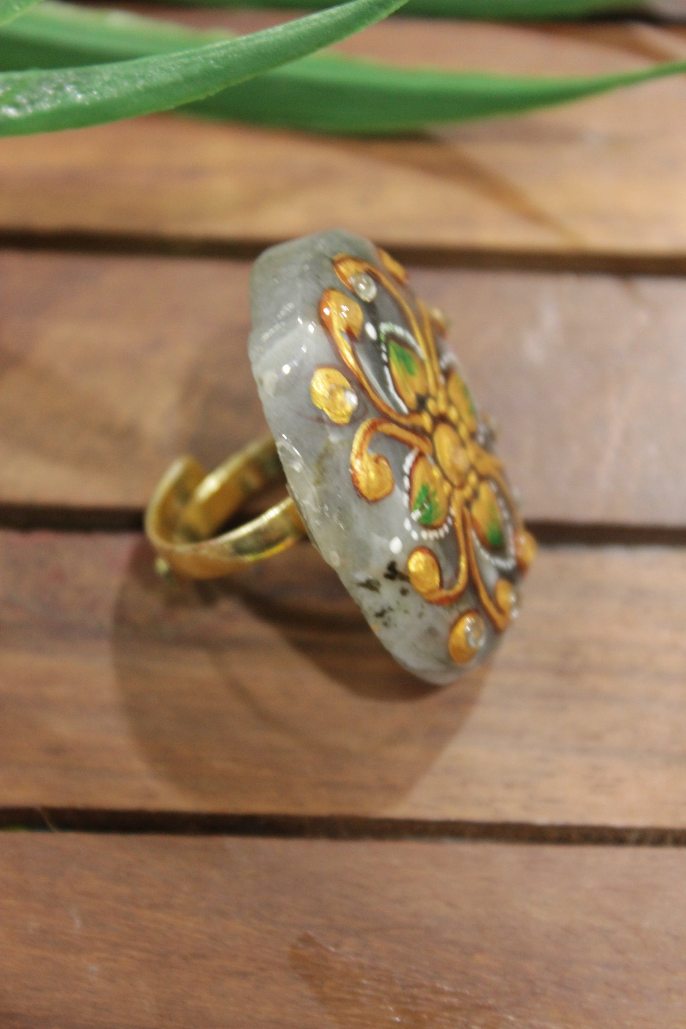 Hand Painted Flowers on Oval Shape Grey Marble Adjustable Cocktail Ring with Hints of Gold