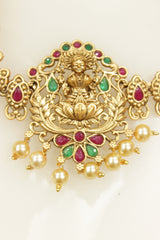 Ruby Red & Green Glass Stones Embedded Dull Gold Finish Temple Jewelry Adjustable Length Choker Necklace Set