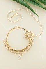 White Stones Embedded Gold Finish Clip On Nosepin/Nose Ring with Chain