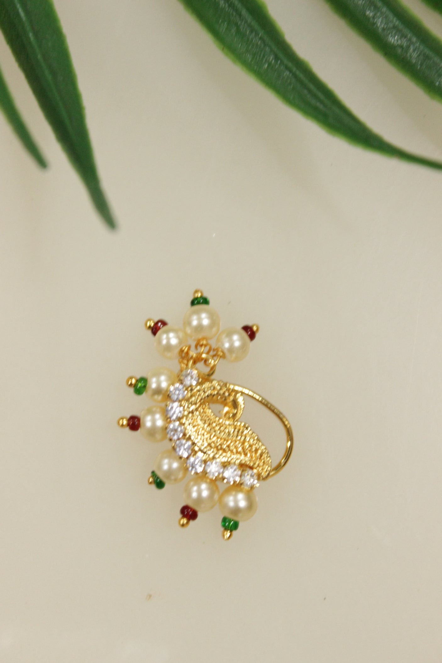 Red & Green Stones Embedded Peacock Maharashtrian Nath