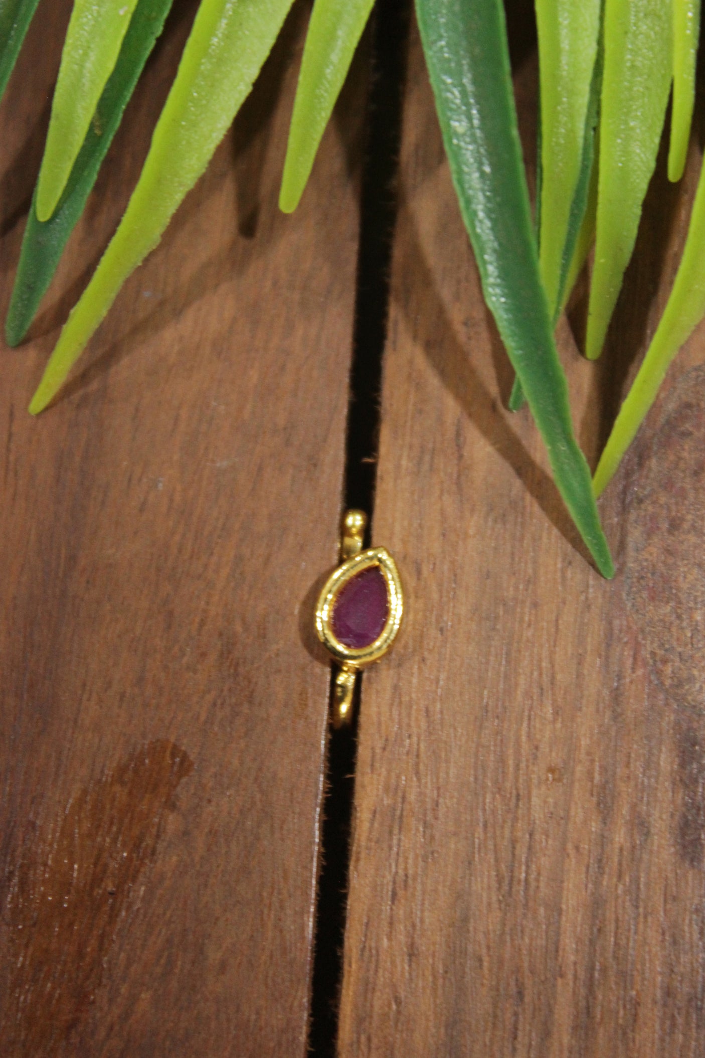 Ruby Pink Glass Stone Embedded Tear Drop Shape Gold Finish Clip On Nosepin