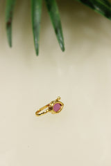 Ruby Pink Glass Stone Embedded Tear Drop Shape Gold Finish Clip On Nosepin