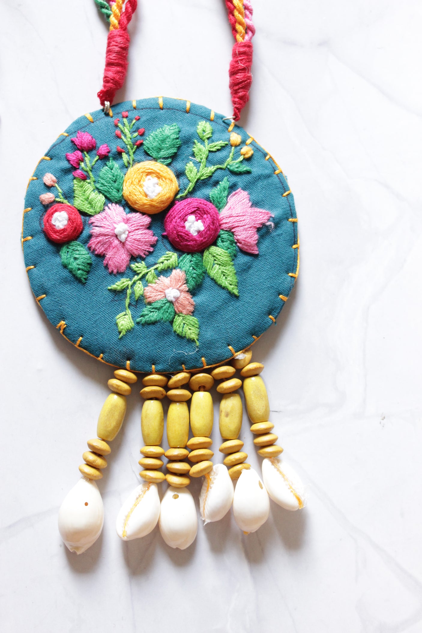 Hand Stitched Flowers Blue Handmade Fabric Necklace Set with Multi-Color Wooden Beads with Adjustable Closure
