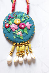 Hand Stitched Flowers Blue Handmade Fabric Necklace Set with Multi-Color Wooden Beads with Adjustable Closure
