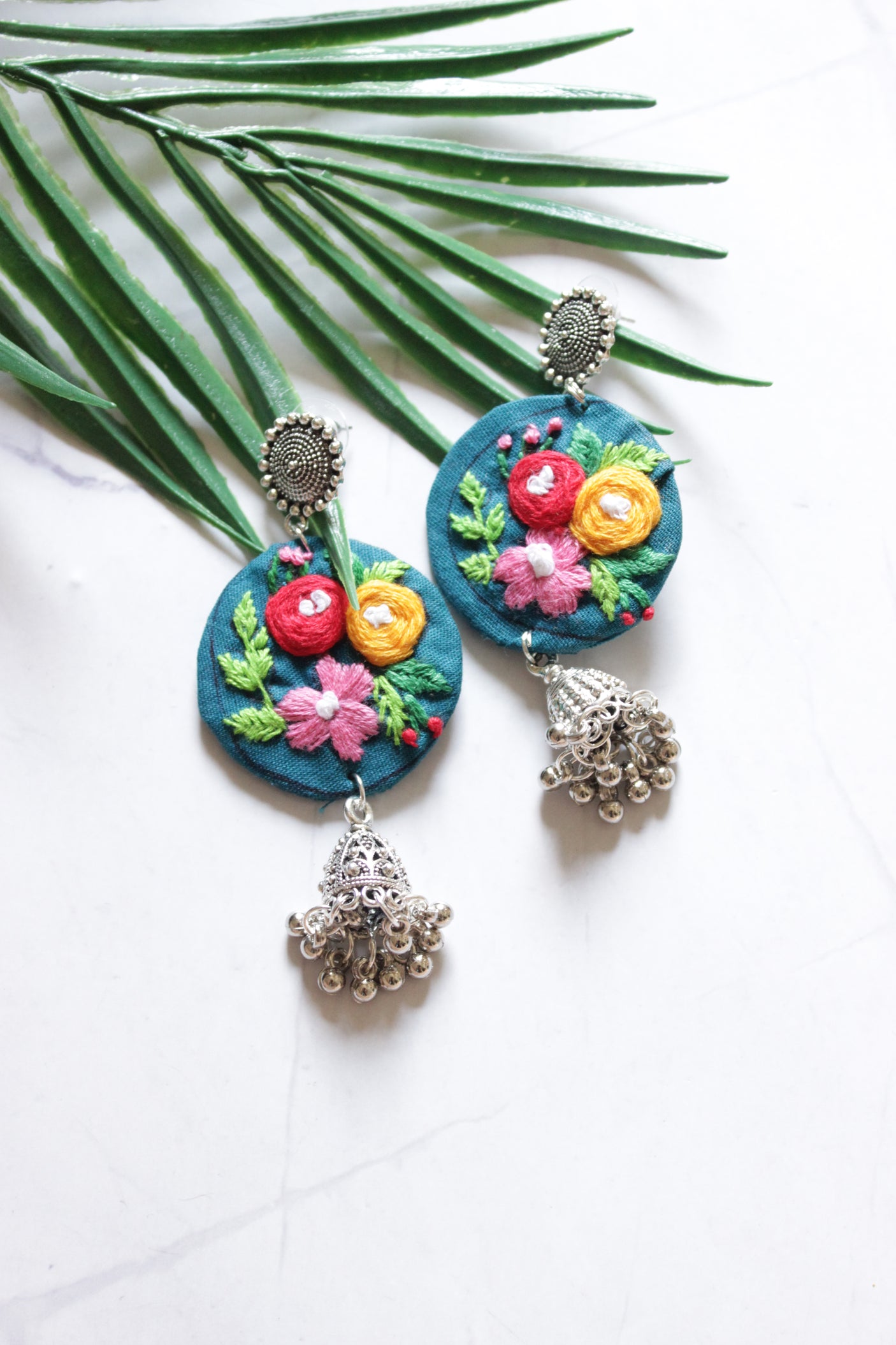 Hand Stitched Flowers Blue Handmade Fabric Necklace Set with Multi-Color Wooden Beads with Adjustable Closure
