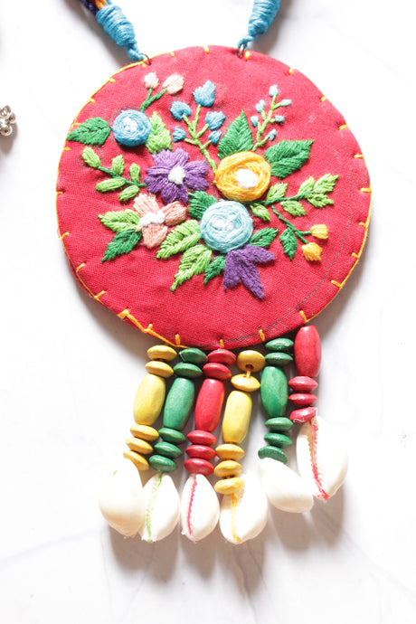 Hand Stitched Flowers Red Handmade Fabric Necklace Set with Multi-Color Wooden Beads with Adjustable Closure