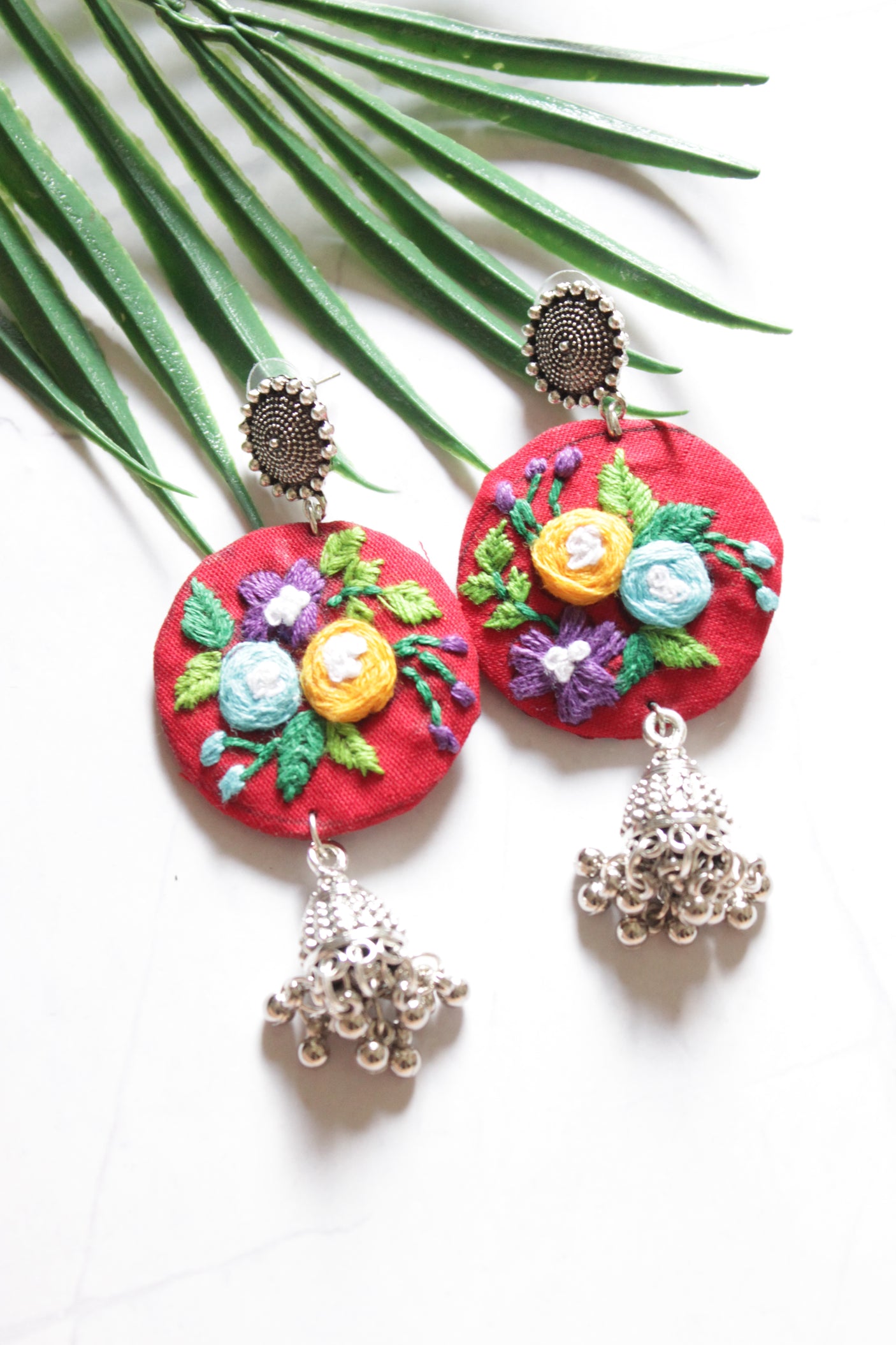 Hand Stitched Flowers Red Handmade Fabric Necklace Set with Multi-Color Wooden Beads with Adjustable Closure